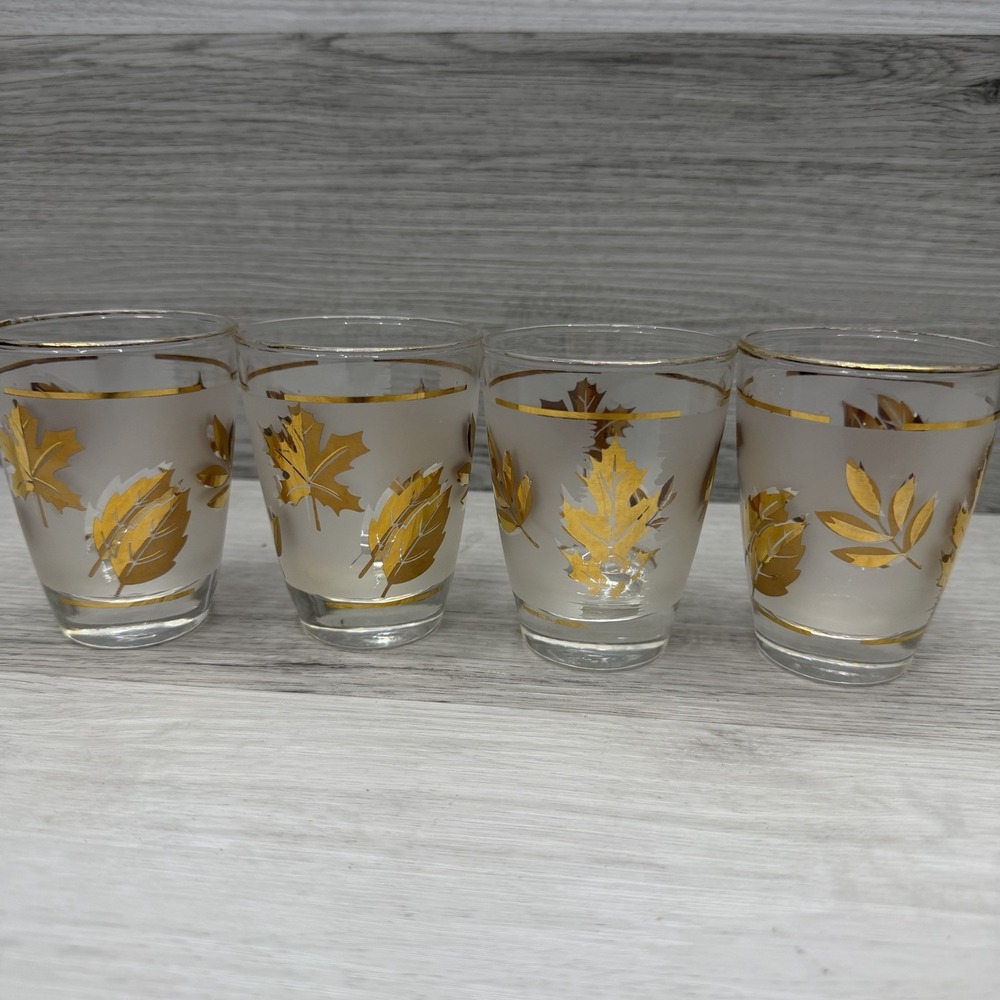 Libbey Golden Foliage Frosted Rocks Glasses Set 4 Mid Century Modern Barware